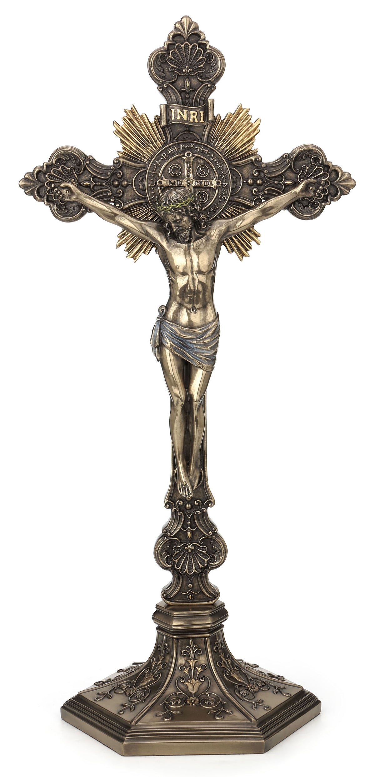 Dekoratives Standkruzifix mit Jesusfigur auf Sockel (Kaltgussbronze) 56 × 32 × 10,5 cm